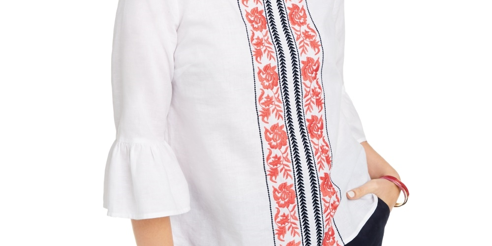 Charter Club Women's Embroidered Bell-Sleeve Linen-Blend Top White Size Large