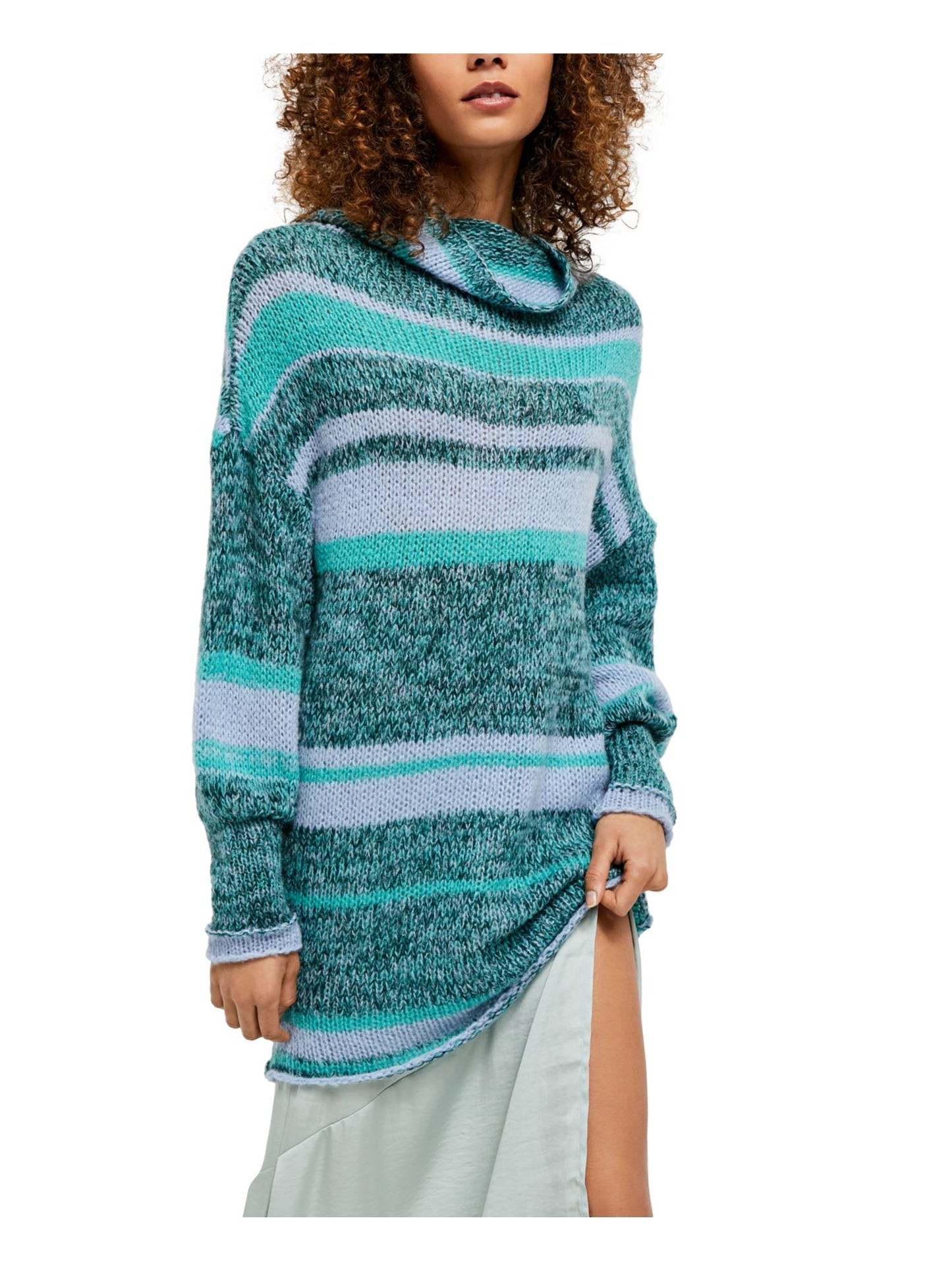 Free People Women's Striped Long Sleeve Turtle Neck Tunic Sweater Green/Purple Size X-Small