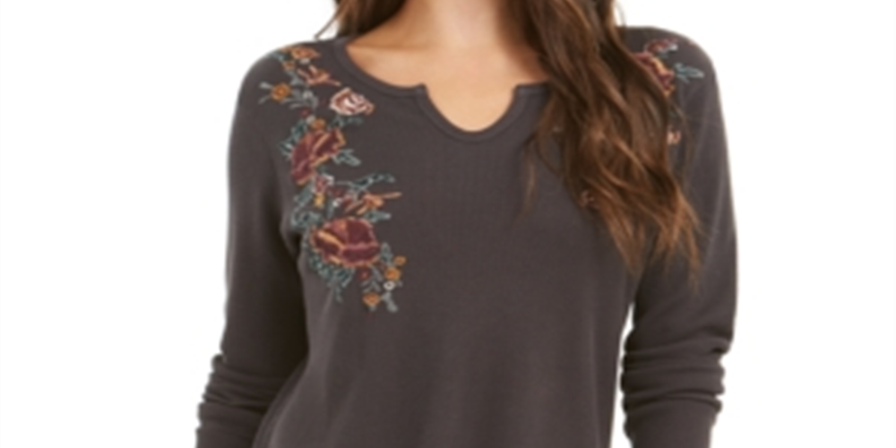 Style & Co Embroidered Cotton Thermal Top Grey Size XS