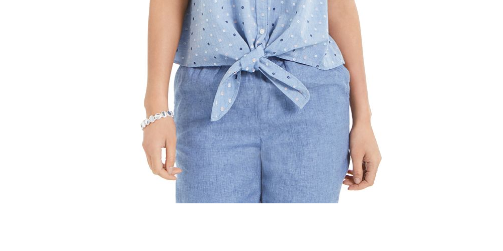 Charter Club Women's Cotton Embroidered Tie Front Shirt Blue Size -S