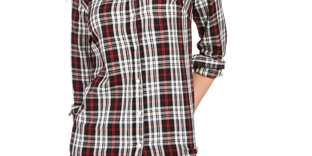 Charter Club Women's Cotton Plaid Shirt Black Size Large