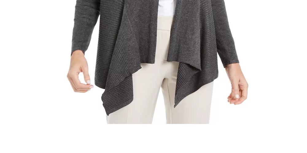 JM Collection Women's Ribbed Handkerchief-Hem Cardigan Grey-Size Medium