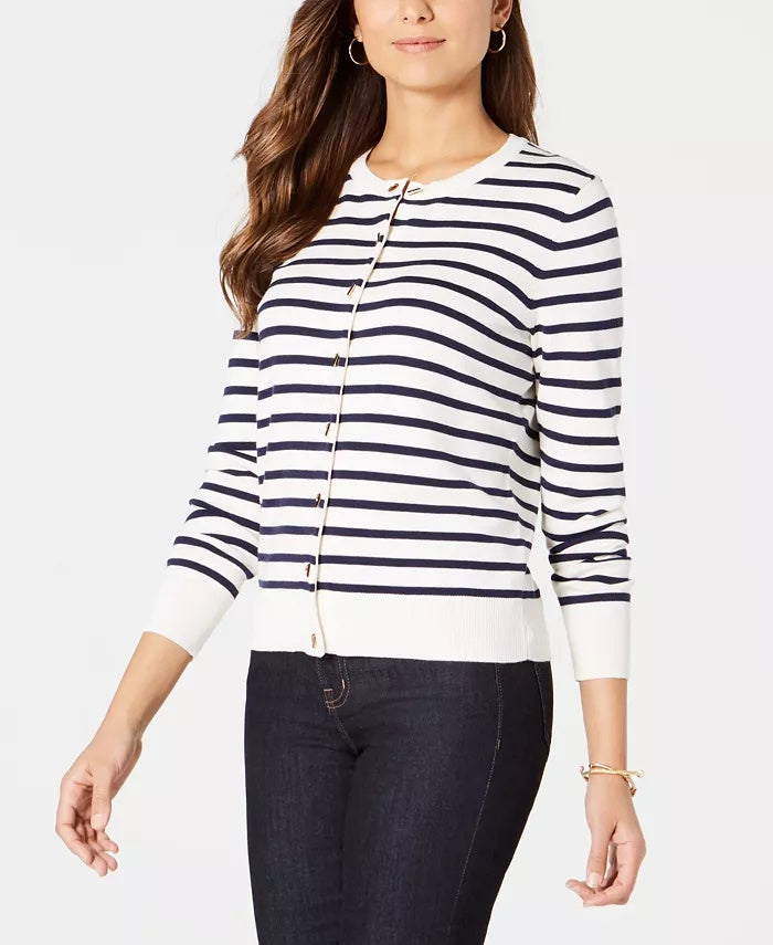 Charter Club Women's Petite Striped Toggle-Closure Cardigan White Size Petite L