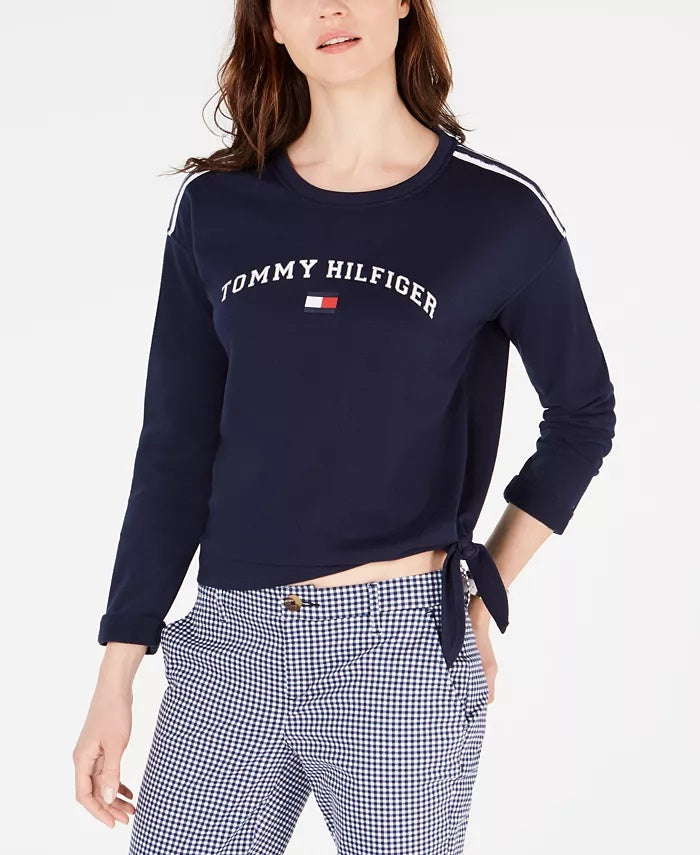 Tommy Hilfiger Women's Sport Logo Side-Tie Sweatshirt Black Size XX-Large