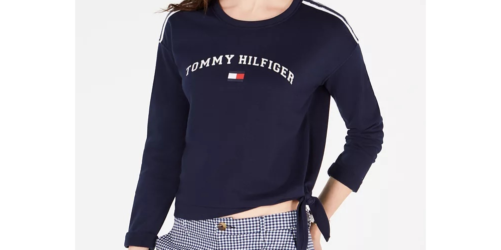 Tommy Hilfiger Women's Sport Logo Side-Tie Sweatshirt Black Size XX-Large