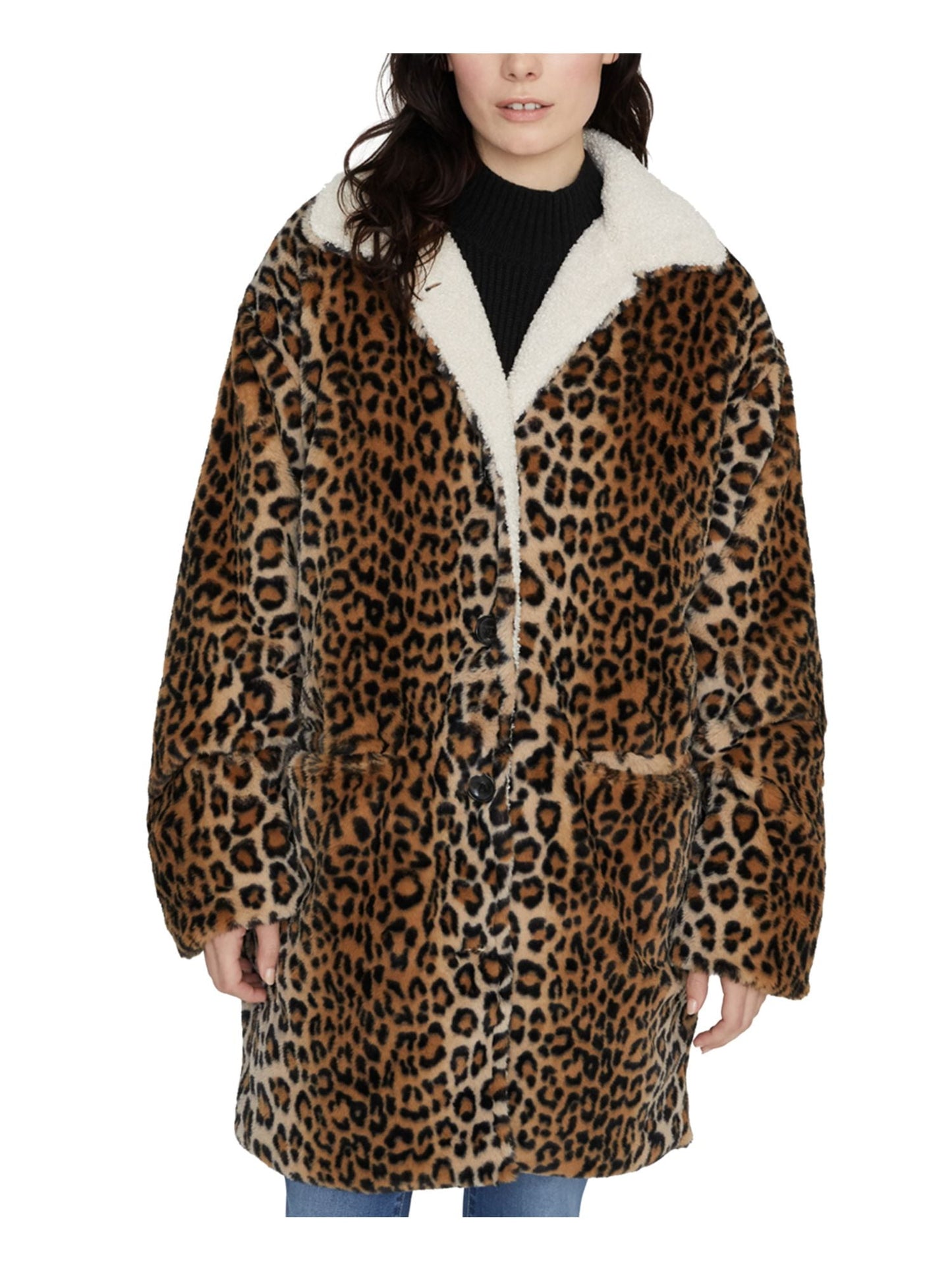 Sanctuary Women's Sierra Animal Print Faux Fur Coat Brown Size X-Small