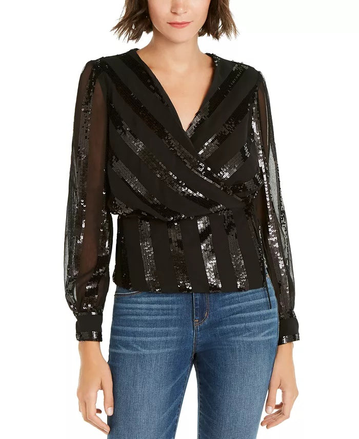 INC International Concepts Women's Sequinned-Stripe Wrap Top Black Size XX-Large