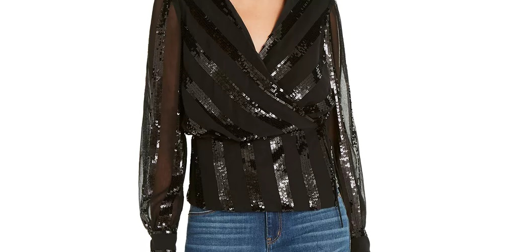 INC International Concepts Women's Sequinned-Stripe Wrap Top Black Size XX-Large