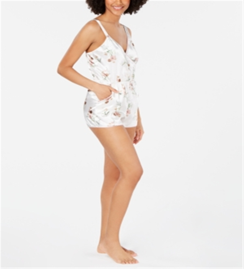 INC International Concepts Women's Printed Contrast Trim Romper White Size Large