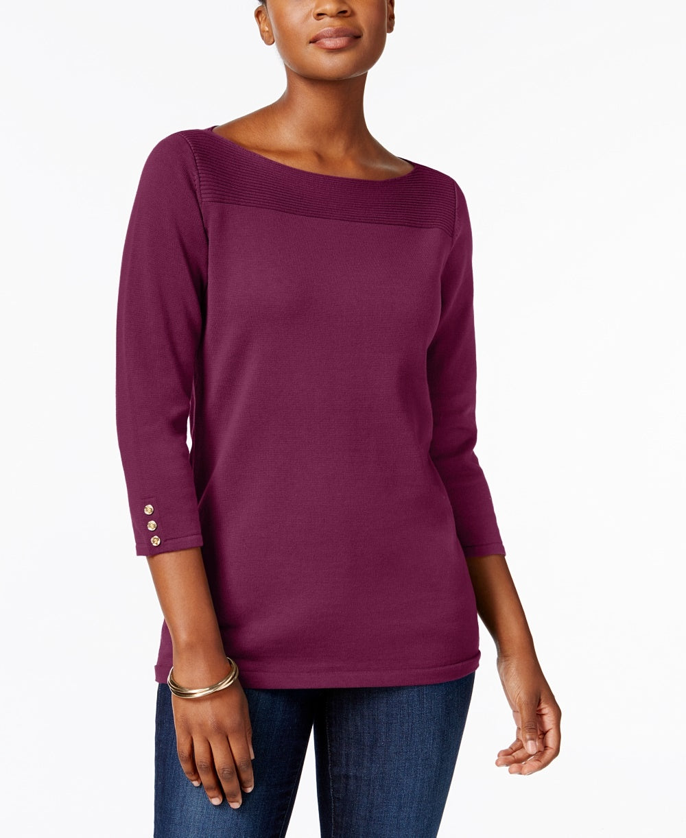 Karen Scott Women's Petite Cotton Button-Trim Sweater Purple Size Petite S