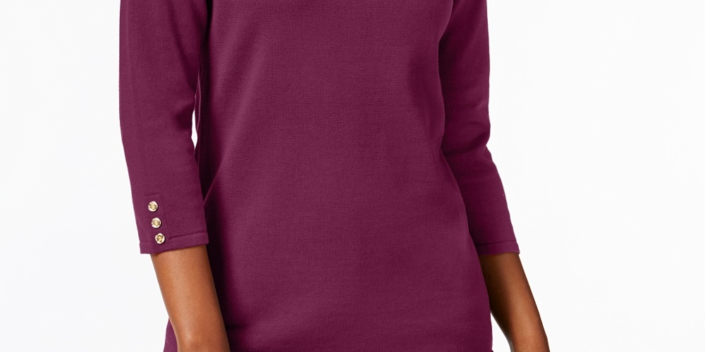 Karen Scott Women's Petite Cotton Button-Trim Sweater Purple Size Petite S