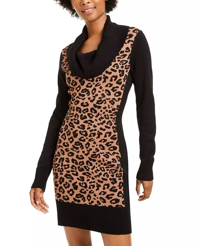 BCX Women's Animal Print Long Sleeve Cowl Neck Short Shift Dress Camel Size XX-Small