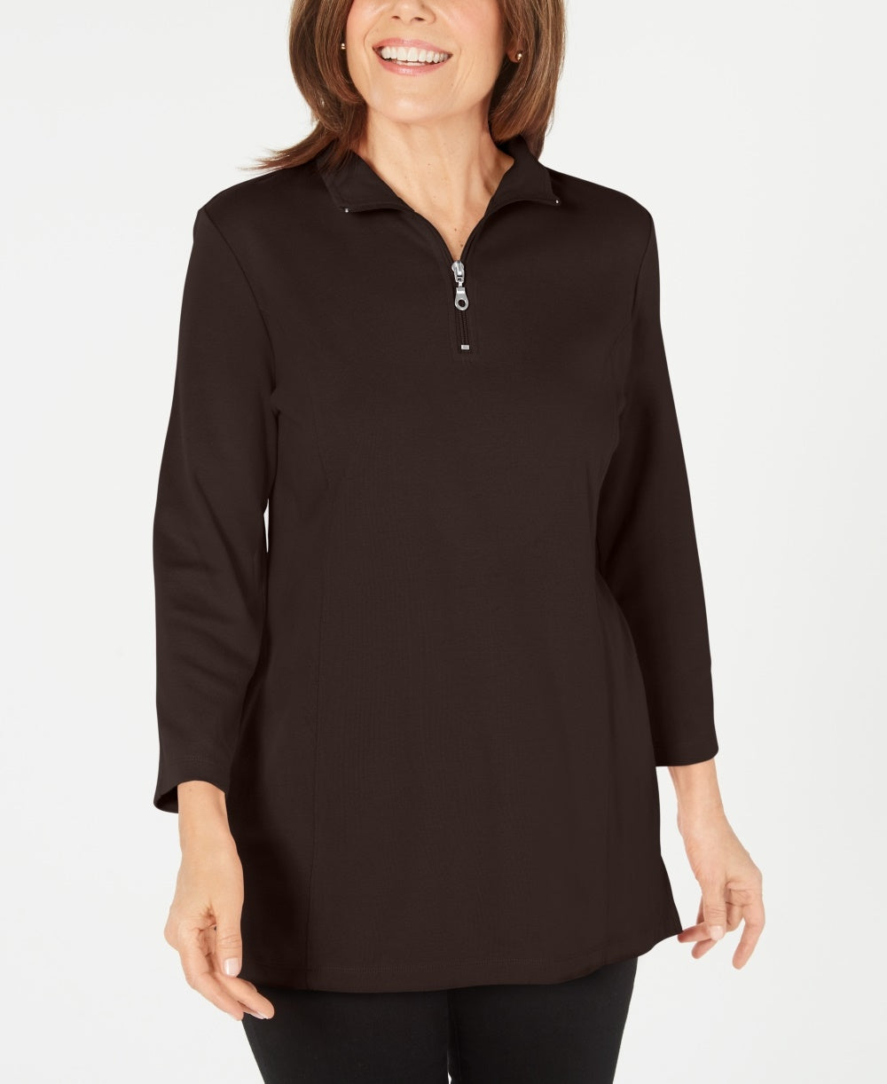 Karen Scott Women's Cotton Half-Zip Mock-Neck Top Brown Size X-Small