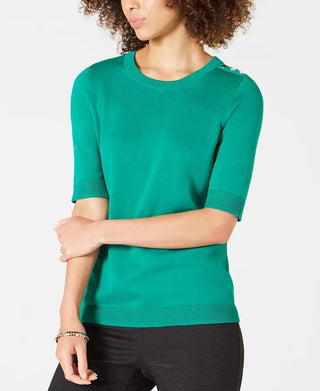Charter Club Women's Petite Elbow-Sleeve Sweater Green Size PXL