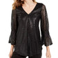 Alfani Women's Petite Metallic-Print Smocked-Sleeve Top Black Size PL