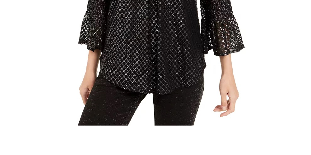 Alfani Women's Petite Metallic-Print Smocked-Sleeve Top Black Size PL