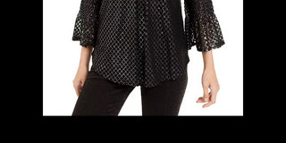 Alfani Women's Petite Metallic-Print Smocked-Sleeve Top Black Size PL
