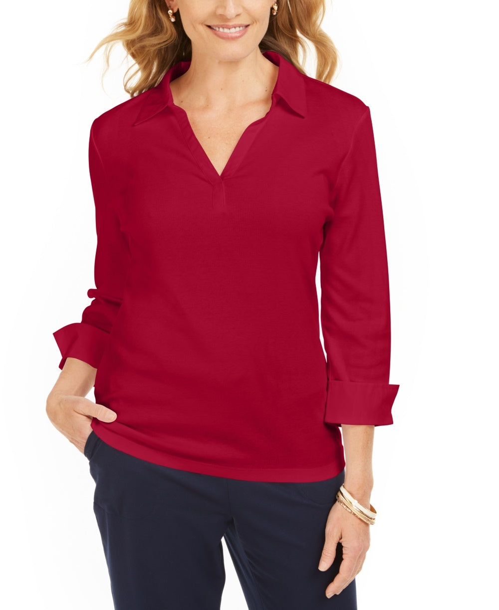 Karen Scott Women's Petite Split-Neck Point-Collar Top Red Size 44