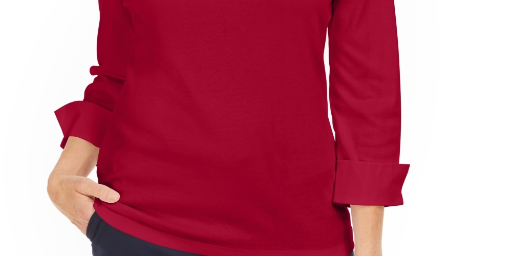 Karen Scott Women's Petite Split-Neck Point-Collar Top Red Size 44
