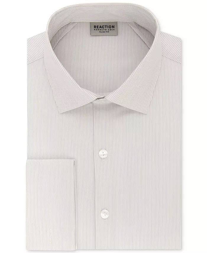 Kenneth Cole Reaction Men's  Stretch Performance Stripe French Cuff Dress Shirt Beige Size 16.5x36-37