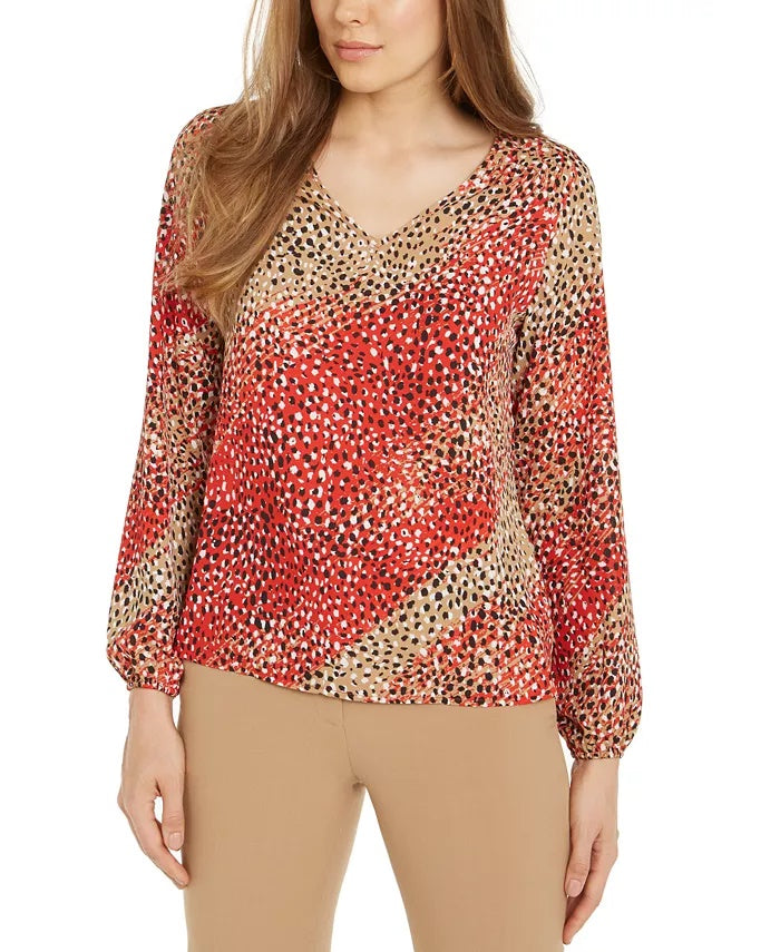 Bar III Women's Printed V-Neck Blouse Red Size X-Small