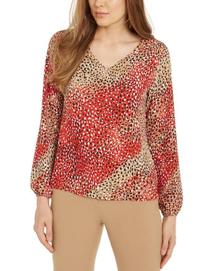 Bar III Women's Printed V-Neck Blouse Red Size X-Small