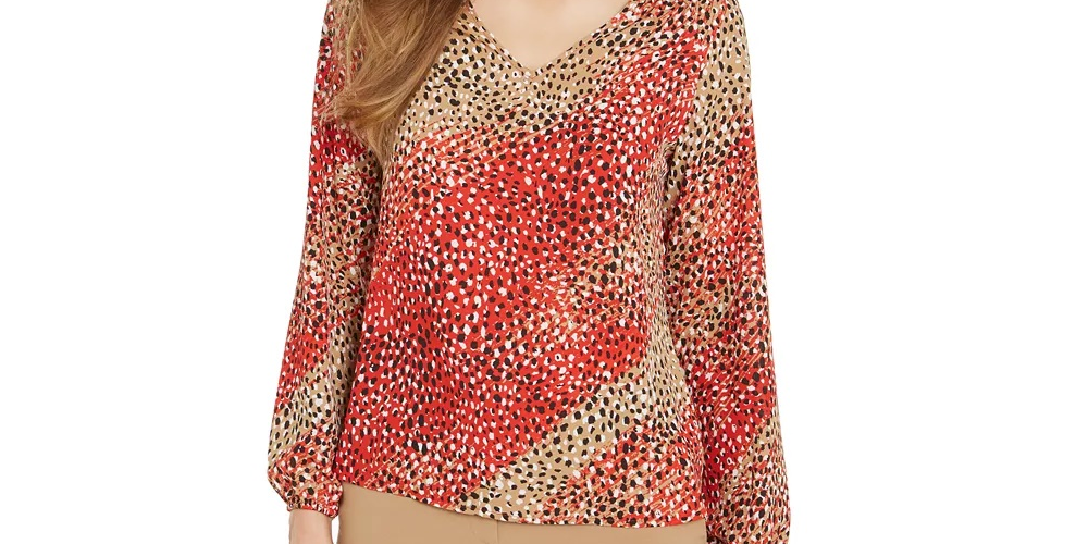 Bar III Women's Printed V-Neck Blouse Red Size X-Small