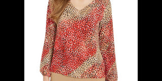 Bar III Women's Printed V-Neck Blouse Red Size X-Small
