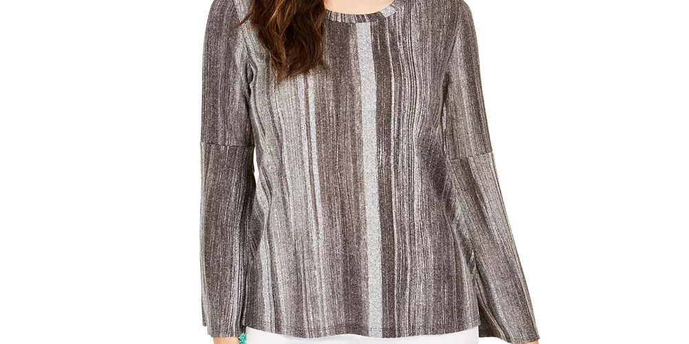 Style & Co Women's Striped Bell-Sleeve Top Black Size Large