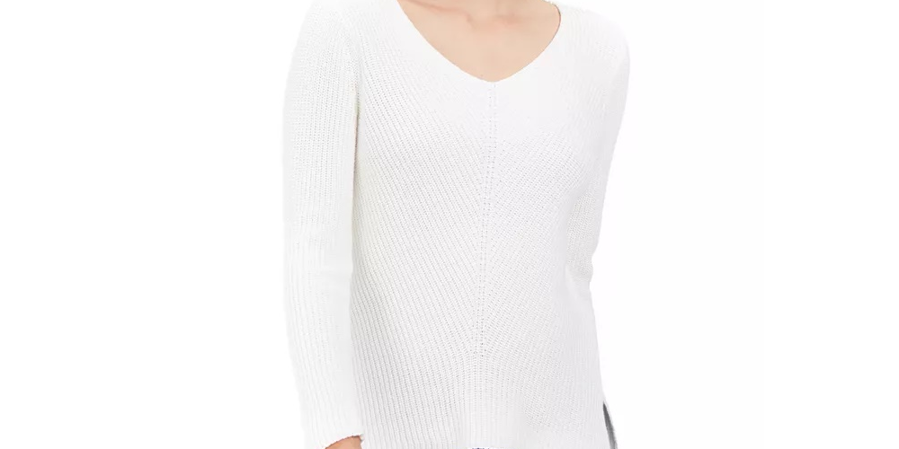 Style & Co Women's Ribbed V-Neck Cotton Sweater Cloud Blue Size XX-Large