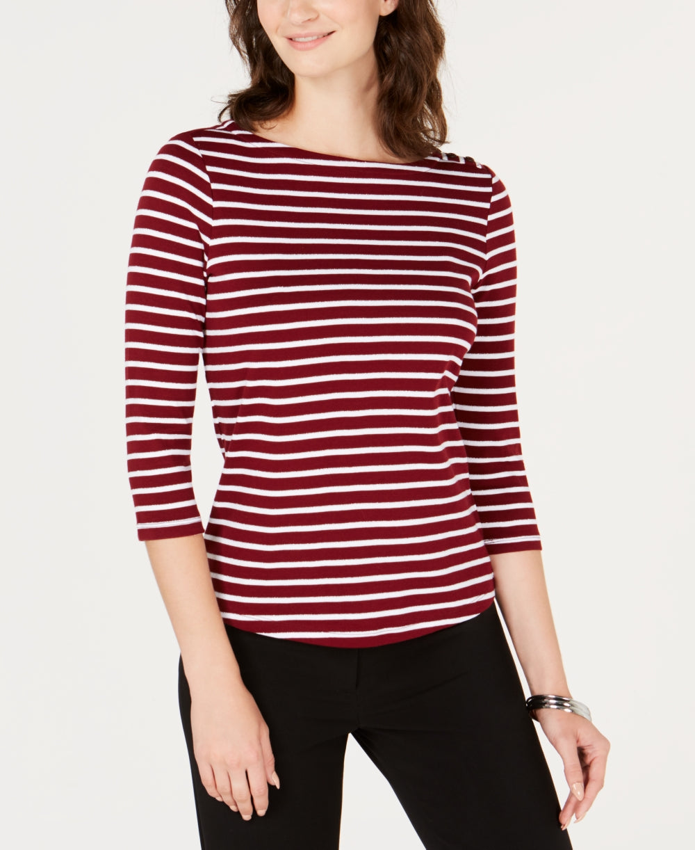 Charter Club Women's Petite Pima Cotton Button-Shoulder Print Top Red Size XL