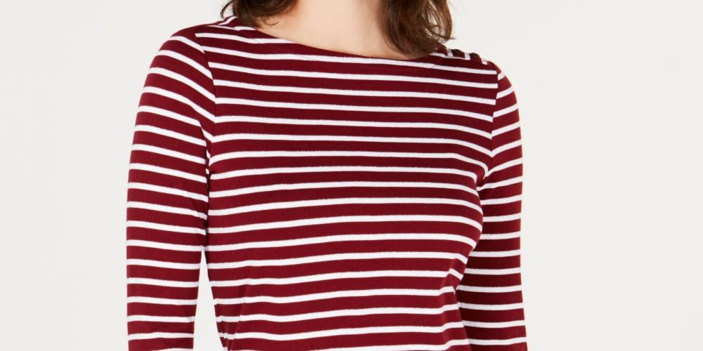Charter Club Women's Petite Pima Cotton Button-Shoulder Print Top Red Size XL