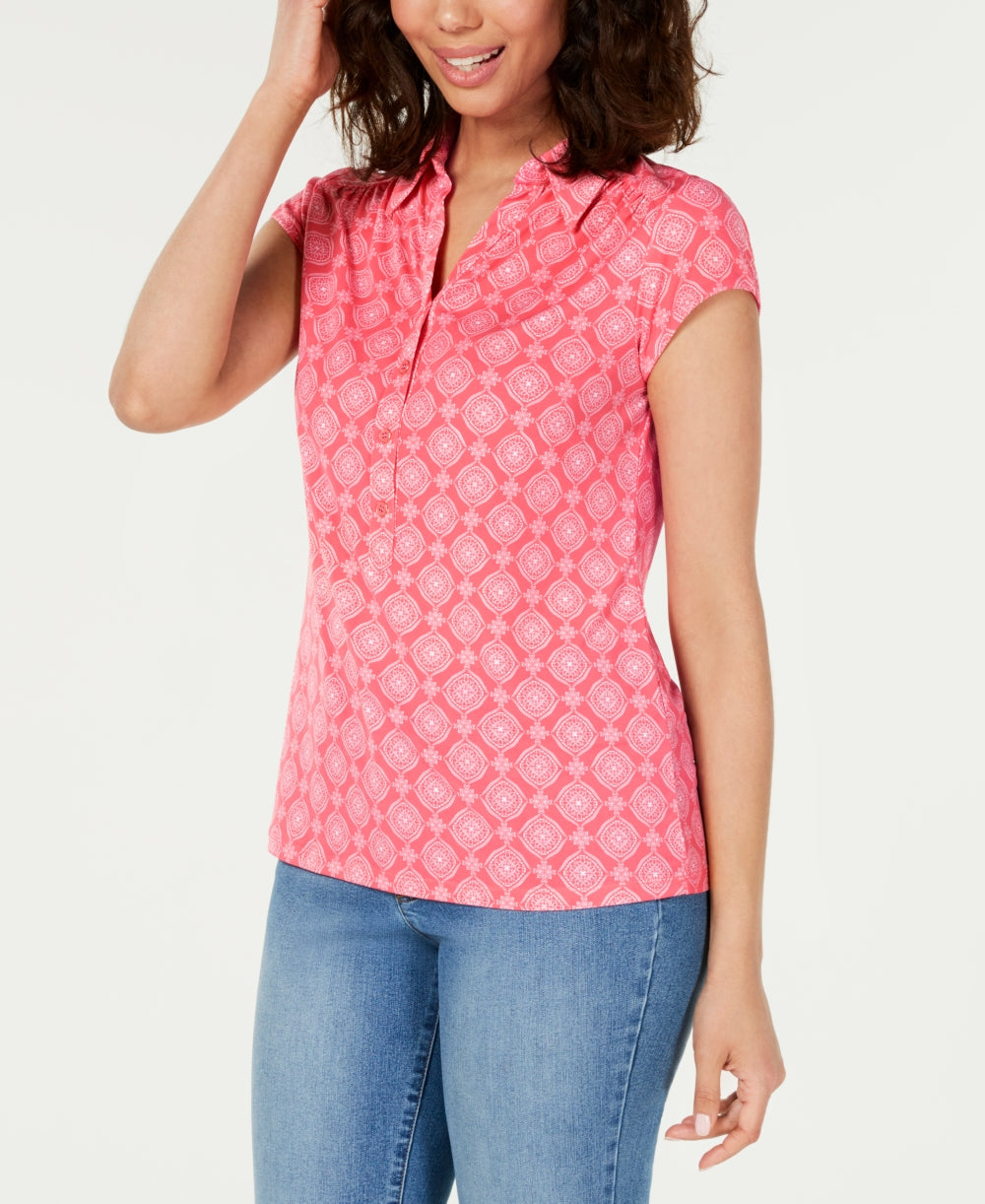Charter Club Women's Printed Cap-Sleeve Polo Top Pink Size X-Large