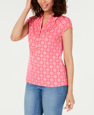 Charter Club Women's Printed Cap-Sleeve Polo Top Pink Size X-Large