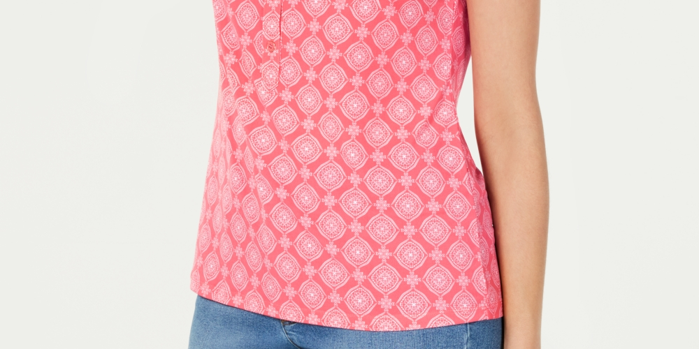 Charter Club Women's Printed Cap-Sleeve Polo Top Pink Size X-Large