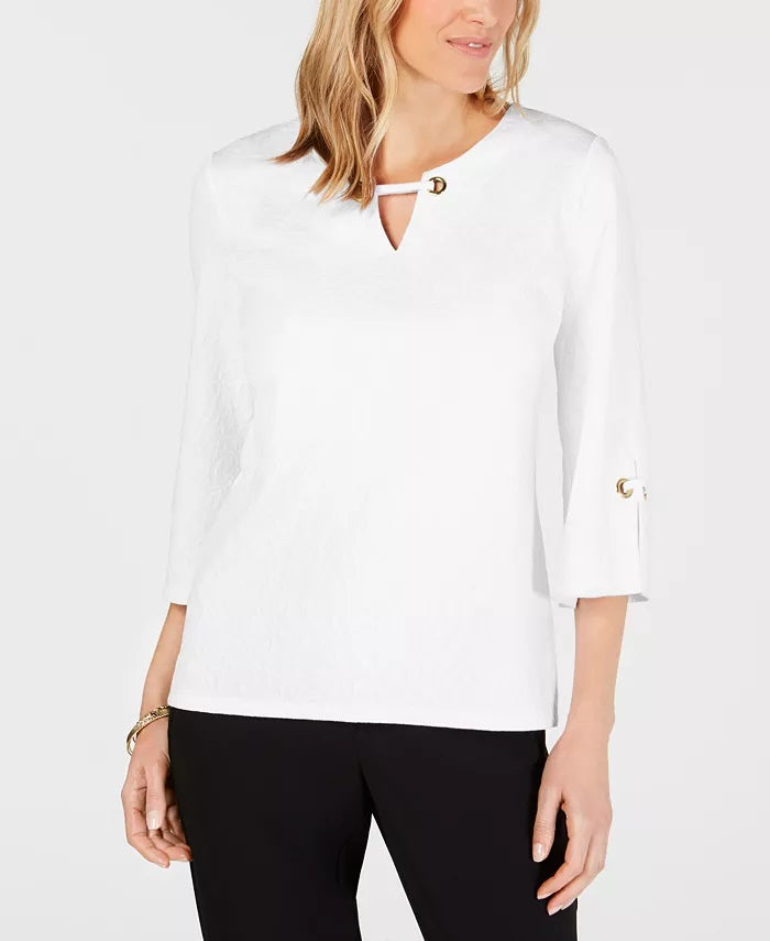 JM Collection Women's Petite Key Hole Textured Top White Size PS