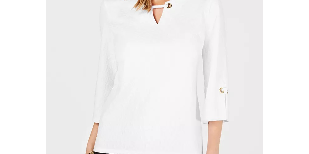 JM Collection Women's Petite Key Hole Textured Top White Size PS
