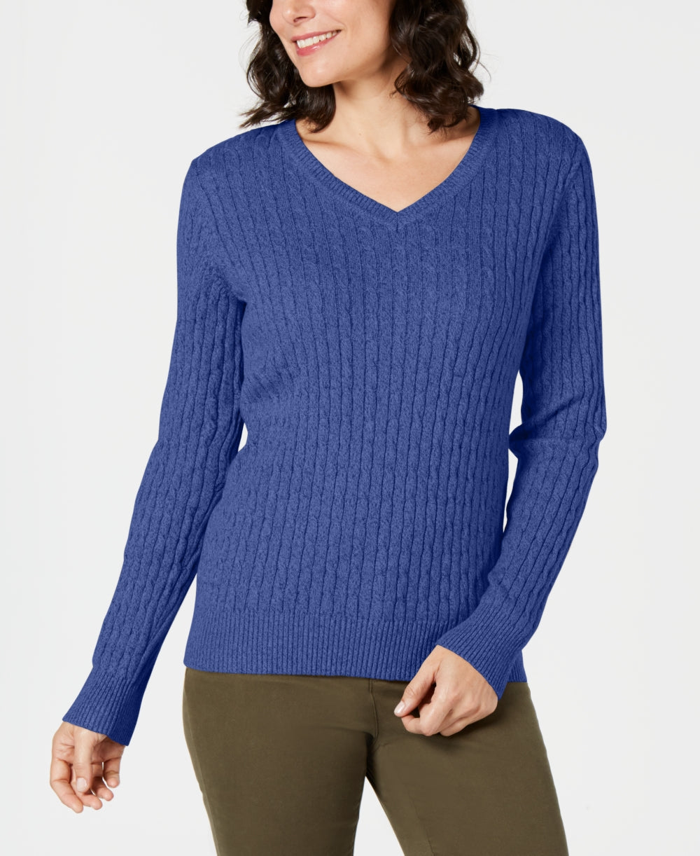 Karen Scott Women's Petite Cotton Cable-Knit Sweater Blue Size PXL