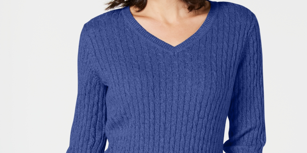 Karen Scott Women's Petite Cotton Cable-Knit Sweater Blue Size PXL