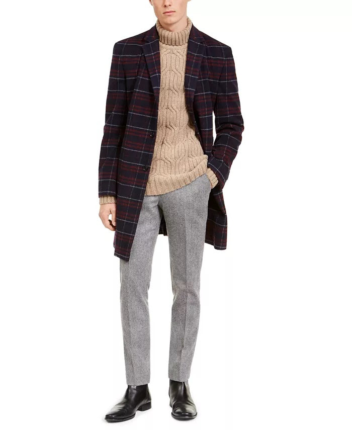 Tommy Hilfiger Men's Modern-Fit Performance Stretch Flex Plaid Addison Overcoat Red Size 40 T