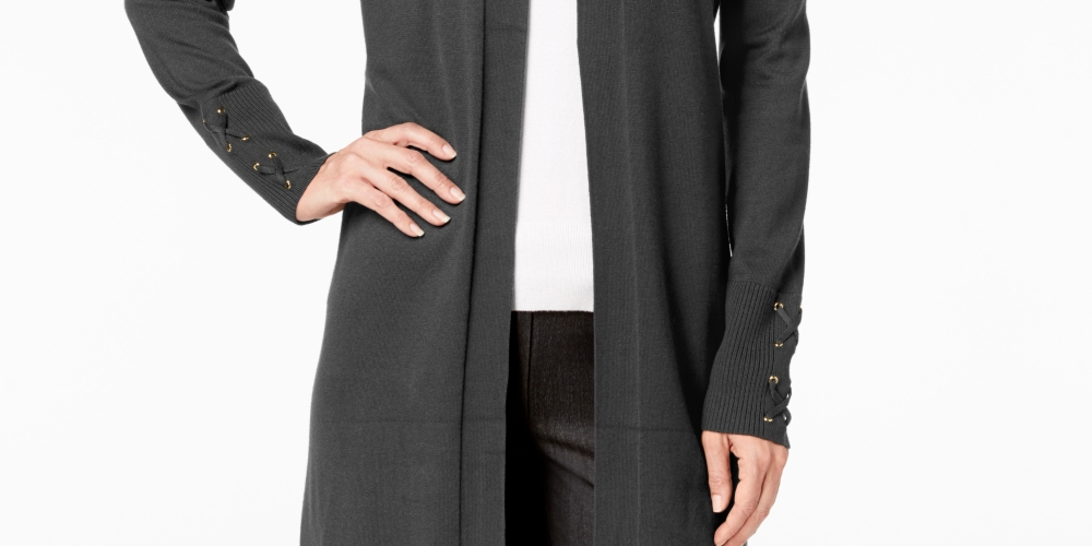 JM Collection Women's Lace-Up-Sleeve Cardigan Regular & Petite Sizes Gray Size Medium