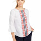 Charter Club Women's Embroidered Bell-Sleeve Linen-Blend Top White Size Medium