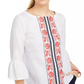 Charter Club Women's Embroidered Bell-Sleeve Linen-Blend Top White Size Medium