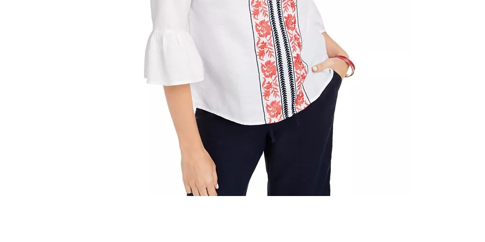 Charter Club Women's Embroidered Bell-Sleeve Linen-Blend Top White Size Medium