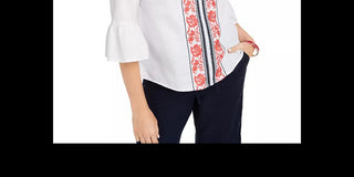 Charter Club Women's Embroidered Bell-Sleeve Linen-Blend Top White Size Medium
