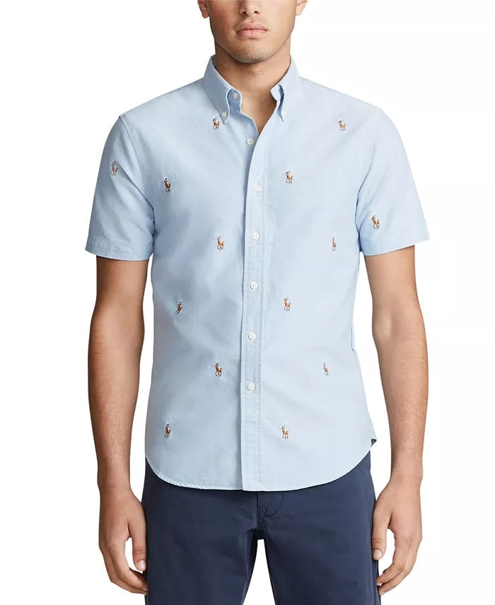 Ralph Lauren Men's Allover Pony Short Sleeve Oxford Shirt Blue Size X-Small