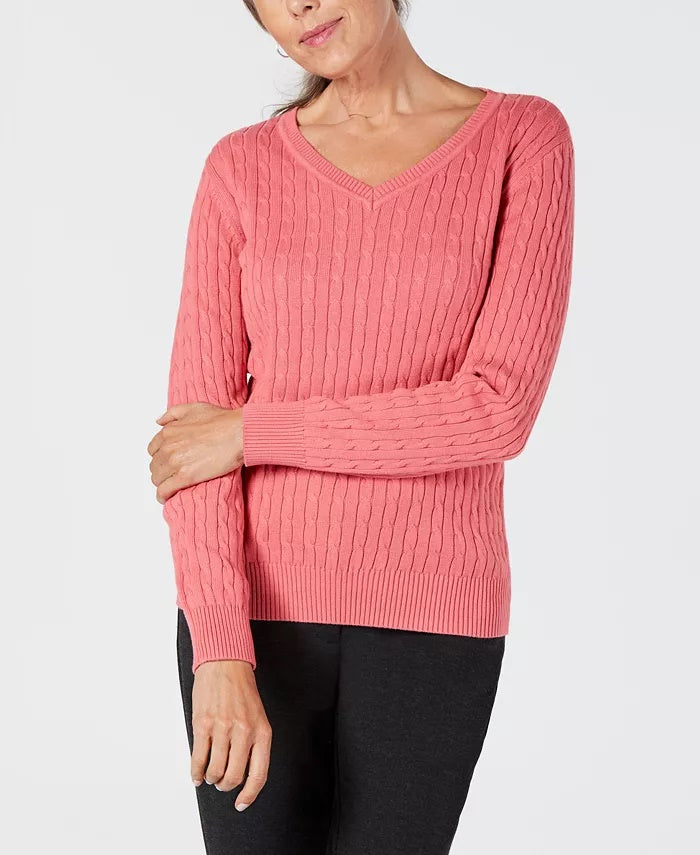 Karen Scott Women's Petite Cotton Cable-Knit Sweater Red Size PS