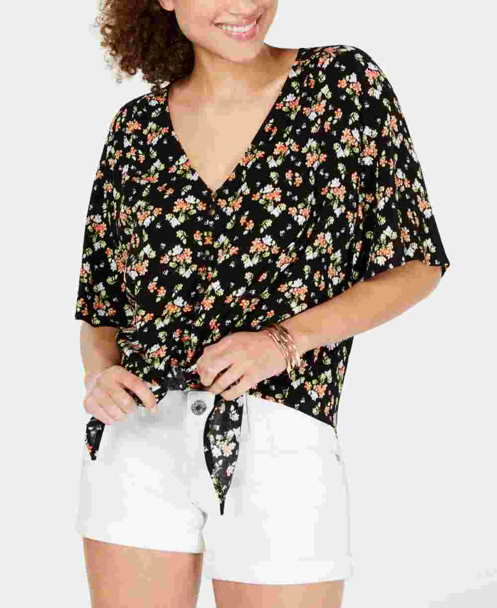 Ultra Flirt Juniors' Printed Tie-Front Top Black Size X-Small