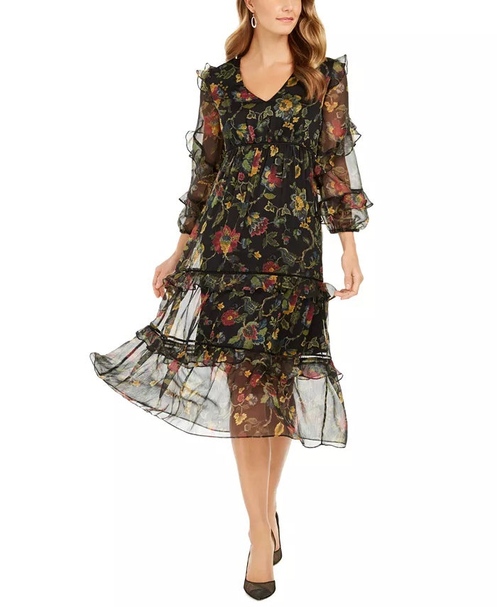 Taylor Women's Floral-Print Chiffon Midi Dress Black Size 6