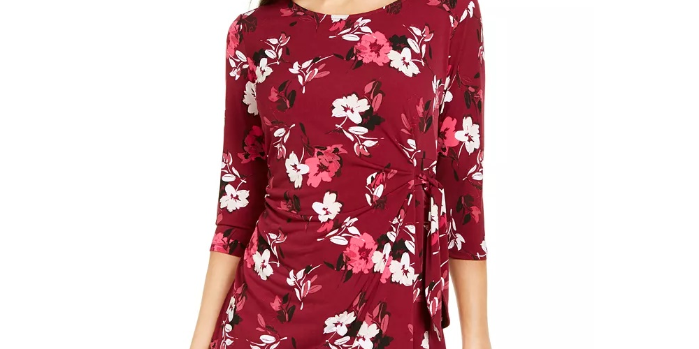 Alfani Women's Printed 3/4-Sleeve Asymmetric Top Red Size Small